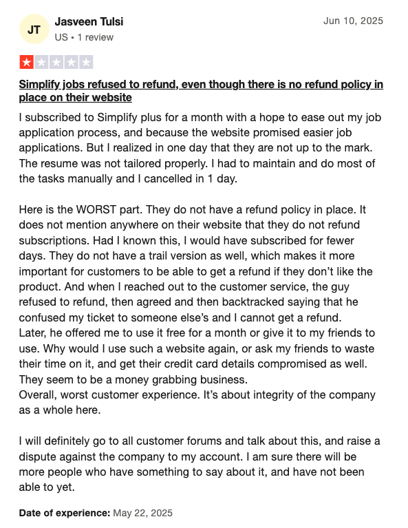 Unhappy TrustPilot Review à propos de Simplify Jobs